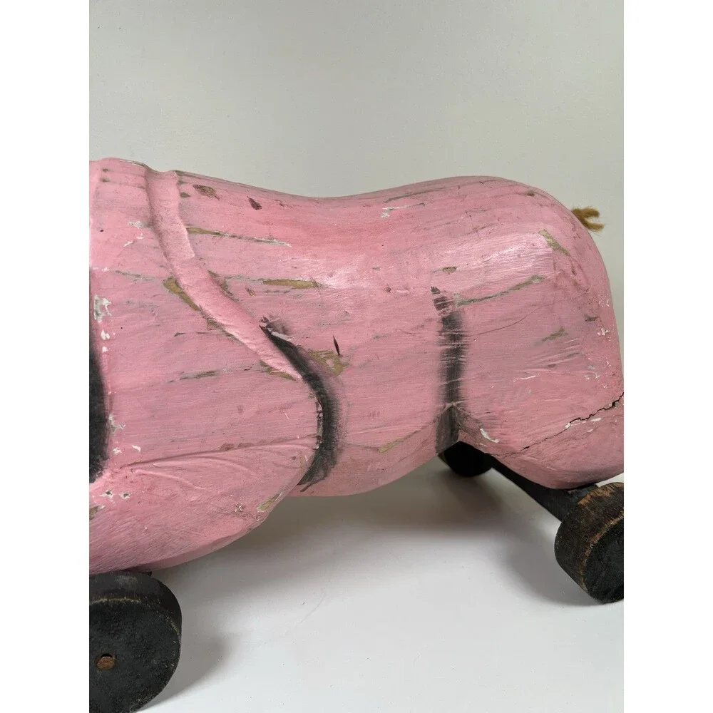 Vintage Handcrafted Carved Wooden Pig on Wheels Art Sculpture Statue Country